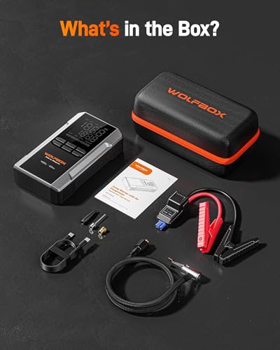WOLFBOX MV24A 4000A Jump Starter with 160PSI Air Compressor, 12V Car Battery Booster, 88.8Wh Portable Jump Box (10L Gas/10L Diesel) with 65W Fast Charging, Tire Inflator, Jumper Cables, LED Light - size: 4000A