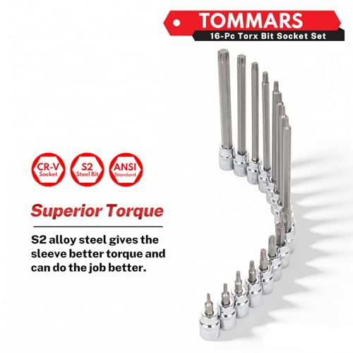 TOMMARS 16-Piece 3/8" Drive Conventional Torx Socket Set | T10, T15, T20, T25, T30, T40, T50, and T55, Long Torx Bit Socket Set ,S2 Alloy Steel - style: Torx Bit Socket