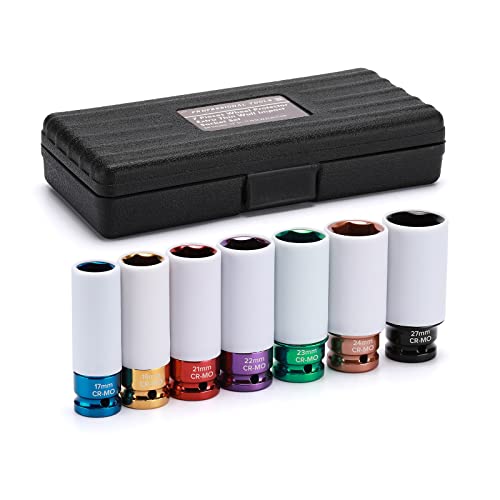 EMENTOL 7PCS 1/2" Drive Thin Wall Deep Wheel Protector Impact Socket Set, CR-MO, Lug Nut Impact Socket Set-17mm, 19mm, 21mm, 22mm, 23mm, 24mm, 27mm - size: 7PCS