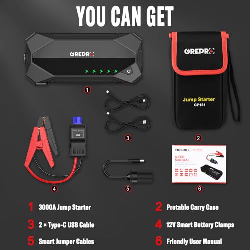 GREPRO Jump Starter (10L Gas & 8.0L Diesel Engines), 3000A Car Battery Jump Starter Battery Pack,12V Booster, Jump Box with Jumper Cables, Car Jumper with LED Light