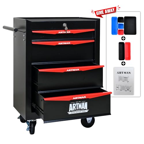 RYH 4/5/6/7 Drawers Rolling Tool Chest - Heavy Duty Mobile Tool Cart with Locking Wheels & Ball Bearing Drawers, 30.5" H x 20.9" W x13 D Garage Tool Storage Cabinet,Metal Tool Box (Black, 4 Drawers) - color: Black-red, size: 4 Drawers(30"H × 20"W × 13"D)