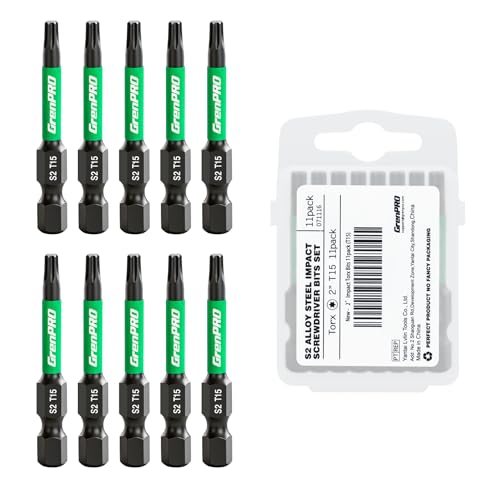 GRENPRO 11 Pcs Impact Torx Bits T15, 2" Length S2 Steel Magnetic Screwdriver Bits, 1/4" Hex Shank CNC Machined Star Bits for Impact Drivers, with Storage Box - size: T15(2"*11pcs)