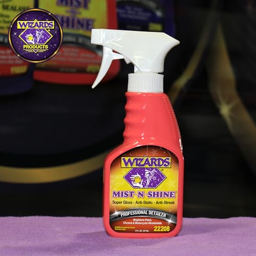 Wizards Mist-N-Shine Quick Detailer Spray - Waterless Wash - 8 oz | Anti-Static Formula for Paint, Chrome, Glass, Plastic, and Rubber Trim, Wax-Free, No Petroleum Solvents, Cars, Bikes, Boats - size: 8 Fl Oz (Pack of 1)