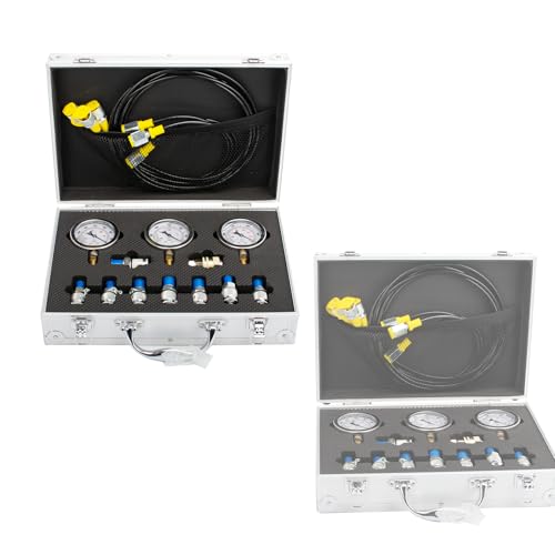 Hydraulic Pressure Test Kit, 3 Gauges(/4000/6000/10000 PSI) & 8 Test Couplings & 1 Quick Connector & 3 Test Hoses, Hydraulic Pressure Gauges, for Excavator, Construction, Machinery
