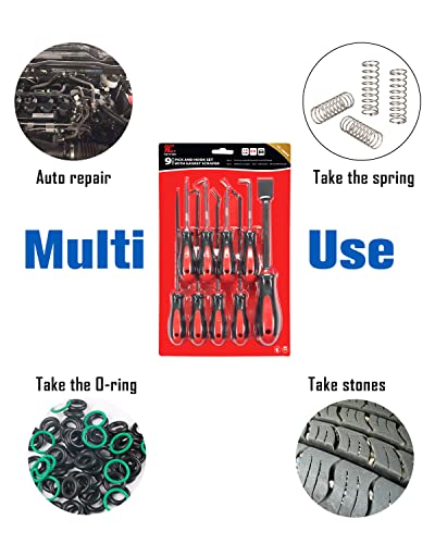 ROTATION Precision Hook and Pick Set with Scraper, 9 Piece Set, Chrome Vanadium Steel Shaft, for Remove Hoses and Gaskets, Auto and Electronics maintenance tools - color: 9pc Set