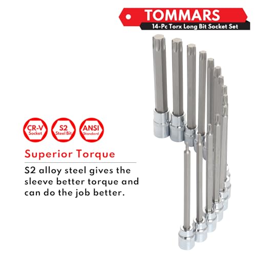 TOMMARS 14-PC Long Torx Bit Socket Set | T10, T15, T20, T25, T27, T30, T35, T40, T45, T47, T50, T55, T60, T70, 3/8", 1/2" Drive, S2 Alloy Steel - style: Long Torx Bit Socket Set