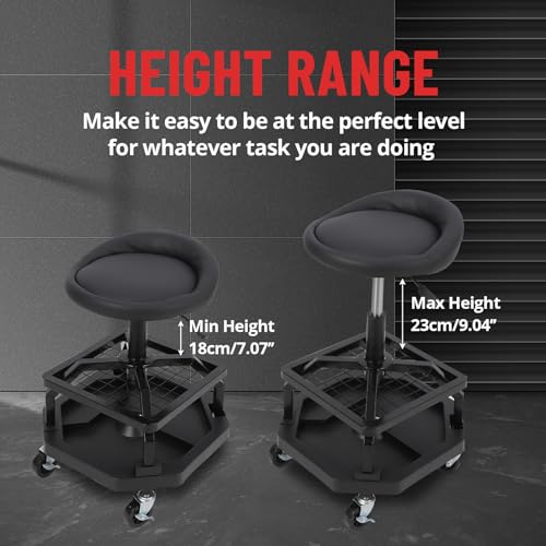 TrailBlaze Heavy Duty Rolling Mechanic Stool with Wheels - Adjustable Height - 360° Swivel Soft Padded Seat - Tool Tray - 4 All-Purpose Casters - 330 lbs Capacity - Round Frame Feet - size: without Cup Holder