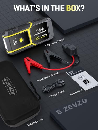 S ZEVZO H021 Car Jump Starter, Peak 5000A Jump Starter Battery Pack for Up to 10.0L Gas and 8.0L Diesel Engines, 12V Portable Jump Box with LCD Display, 3 Modes Flashlight and Protective Carrying Case