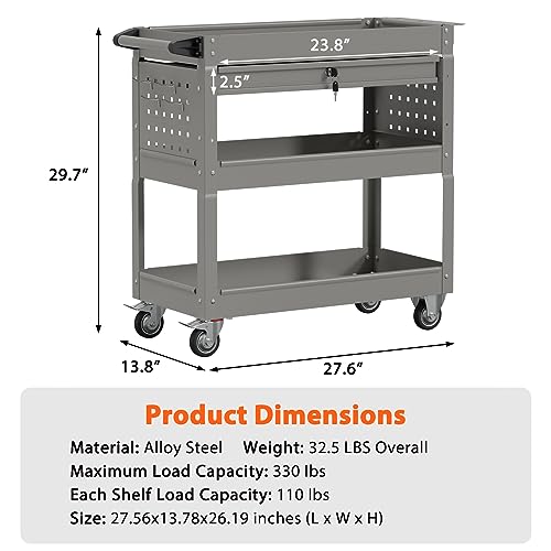 3-Tier Heavy Duty Utility Cart on Wheels, Rolling Tool Cart on Wheels with a Drawer, 350 Lbs Load Capacity Service Cart for Warehous, Garage and Repair Shop (Grey) - color: Gray