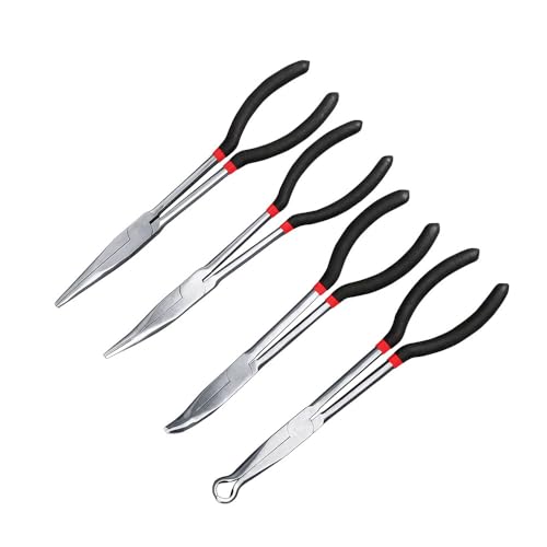 4Pcs Extra Long Needle Nose Pliers Set, 11" Long Reach Straight,45/90 Degree Bent Nose Pliers, and O-shape Hose Gripper Pliers for Car Repair/House Work