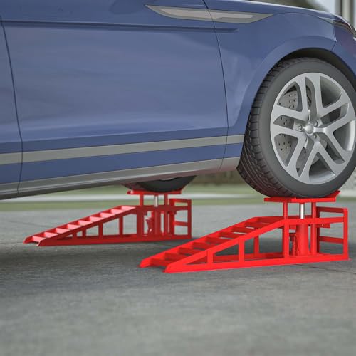2 Pack Hydraulic Car Ramps 5 Ton 11000LB Capacity, Low Profile Vehicle Service Ramps with Hydraulic Jack, Heavy Duty Steel Car Lift Ramps for Truck Trailer Garage Maintenance (Red, 11.61" - 16.21") - color: Red