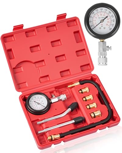 DAYUAN Professional Petrol Engine Compression Tester Kit Set, Red Case | 8 Pcs, 14mm & 18mm Adapters, Dual Scale Gauge, 0-300 PSI/0-20 Bar, Reinforced Rubber Hose, Universal for Cars Motorcycles - color: Red