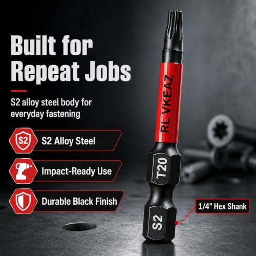 50-Pack T20 Torx Bit, RLVKEAZ 2-Inch Magnetic T20 Bits for Impact Driver | S2 Alloy Steel T20 Star Bits for Drill, CNC-Machined Tips, 1/4-Inch Hex Shank for DIY Woodworking and Furniture Assembly - style: T-20 50-piece supply of 2-inch magnetic T20 Torx b