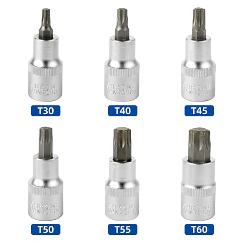 DAKCOS Torx Bit Socket Set, 1/2" Drive, 6 Pieces Star Bit Socket Set, T30 - T60, S2 Alloy Steel Bit and CR-V Drive Socket - style: 1/2"T30-60