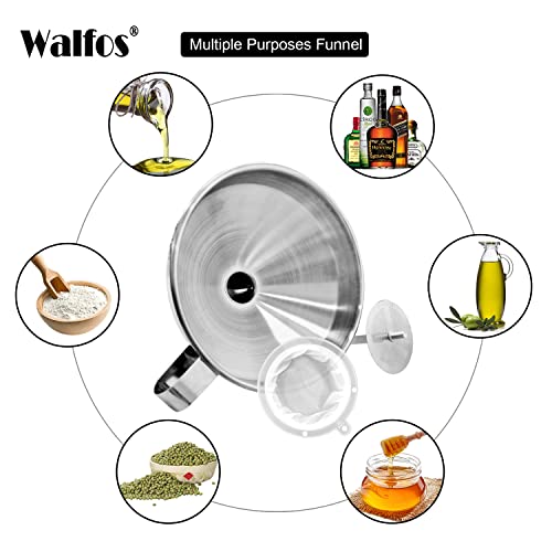 Stainless Steel Funnel, Walfos Kitchen Funnel with 2 Removable Strainer & 1Pc Cleaning Brush, Perfect for Transferring of Liquid, Oils, Jam, Dry Ingredients & Powder (Big, 4.9") - color: 1pcs funnel 4.9 inch