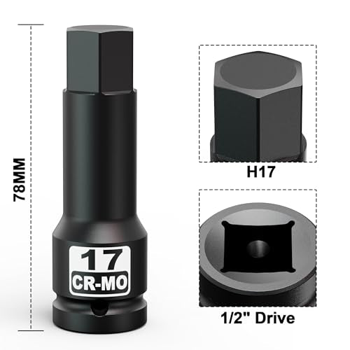1/2" Drive 17 mm Hex Impact Bit Socket, H17 Allen Bit Socket, Metric, Cr-Mo Steel, Automotive Repair Industrial Maintenance and DIY Enthusiasts Alike - size: 1/2" H17 Deep