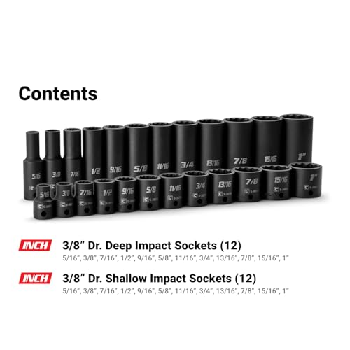 Capri Tools 3/8 in. Drive Shallow and Deep Impact Socket Set, 12-Point, SAE, 5/16 to 1 in., 24-Piece - size: Shallow & Deep Set / 5/16-1 in.
