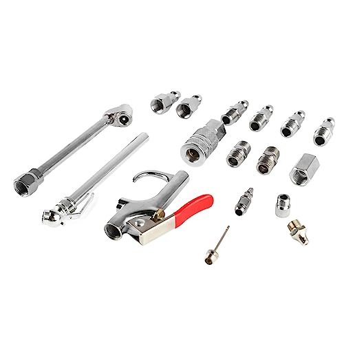 For Professional Maintenance and Cleaning - 17 Piece Air Compressor Accessory Kit with 1/4 Inch NPT Coupler and Plug Set - Includes Dual Foot Chuck, Blow Gun, Tire Gauge, and