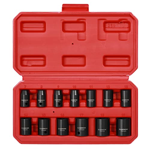 CASOMAN 13 Pieces 3/8-Inch Drive Impact Socket Set, 6-Point, Metric, Shallow, CR-V, 7mm to 19mm, Heavy Duty Blow Molded Storage Case - size: Shallow