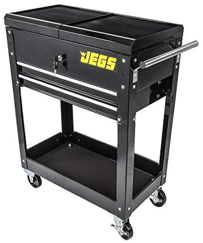 JEGS Heavy-Duty Tool Box Cart | 220 LBS Capacity | Uses Four 4" Caster Wheels | Includes 2 Keyes and 6 Drawer Liners | Black with JEGS Logo | 2 Locking Drawers | Sliding Top