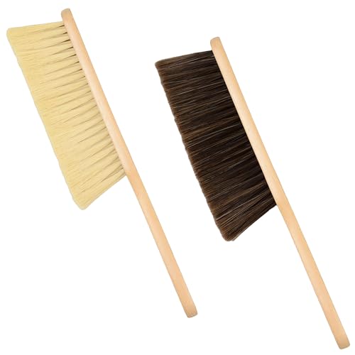 2 Pieces Woooden Dust Brush Hand Broom Bench Brush with Long Wood Handle Whisk Broom Soft Bristle Brush for Counter Bed Sofa Car Fireplace Clothes Household Cleaning (Brown) - color: Brown