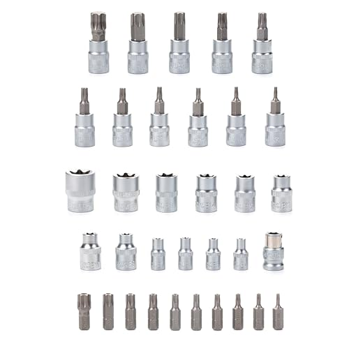 Bates- Male & Female Torx Bit Socket Set, 34 Pack, 3/8" Drive, CR-V Steel, Torx Bits T10-T55, E Sockets E4-E20, Socket T10-T60