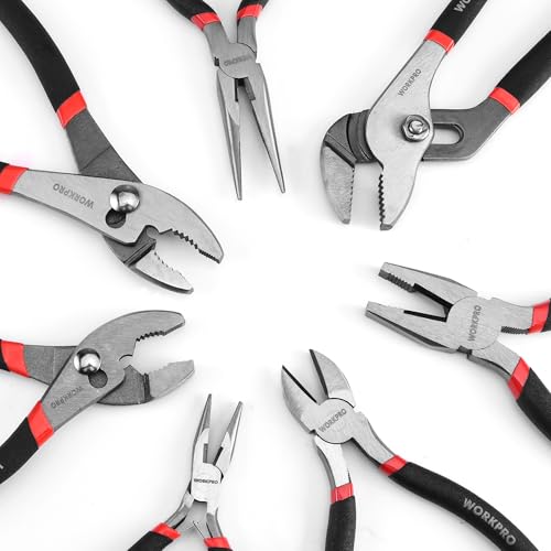 WORKPRO 7-piece Pliers Set, Black | Groove Joint Piler, Long Nose Piler, Slip Joint Piler, Linesman Piler, Diagonal Pliers for DIY & Home Use - color: Red, Black