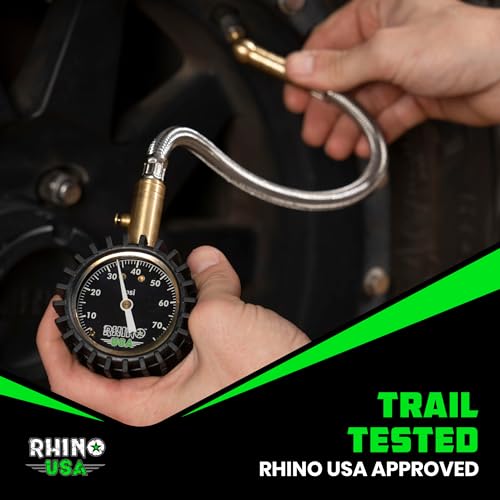 Rhino USA Heavy Duty Tire Pressure Gauge - ANSI Certified Glow Dial | ANSI B40.1 certified accurate, large 2in glow dial, 360° swivel head, solid brass hardware for car & truck tires. - size: 75 PSI Compact