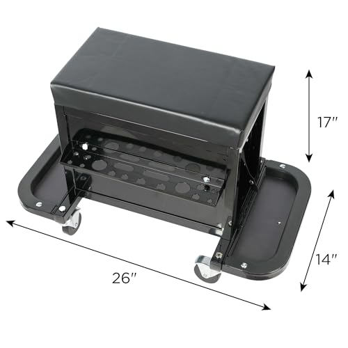 3 Drawer Rolling Mechanic Seat, Garage Stool with Foldable Side Trays, 360° Swivel Casters, Heavy Duty Tool Storage Chest, Cushioned Work Chair for Workshop Auto Repair
