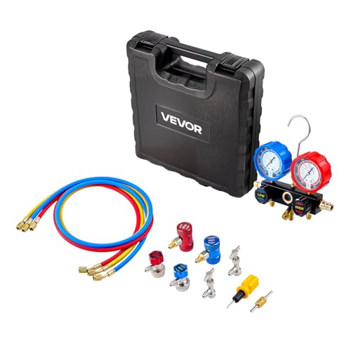 VEVOR AC Manifold Gauge Set for R134a R404A R1234yf R22 Refrigerant, 3 Way AC Gauge with 5 ft Hoses, Adapters, Quick Couplers, Can Taps for Automotive Air Conditioning Maintenance, Charging Evacuation - size: R134a/R404A/R1234yf/R22, style: 3 Way with Box
