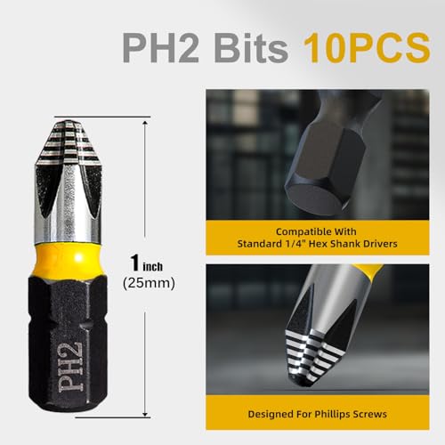 1" PH2 Anti Slip Screwdriver Bits #2 10 Pcs, 2026 New Laser Tech 360° | Magnetic Phillips Impact Driver Bit Set, Taiwan S2 Steel Salt Bath Treated, CNC Precision Fits 1/4" Hex Quick-Change Chucks - color: Phillips #2, size: 1 inch