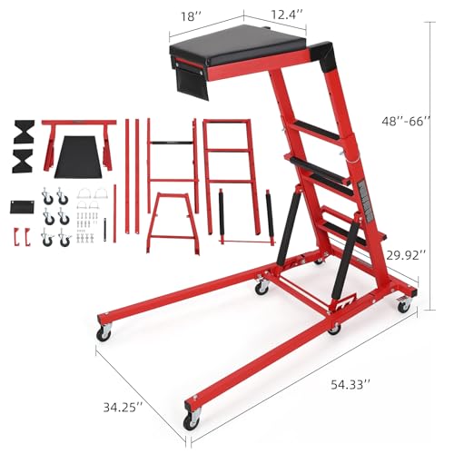 DEXSO Topside Automotive Engine Creeper - 400LBS Capacity, Adjustable Height 48"-66", Foldable Design with 6 Swivel Casters, Thickened Cushion & Tool Pouch (Red) - color: Red