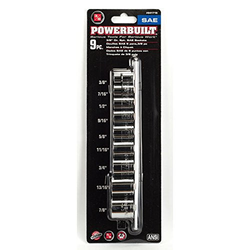 Powerbuilt 9-Piece 3/8-Inch Drive SAE Shallow Socket Set – 6-Point Chrome Vanadium Steel Sockets (3/8" to 7/8") with Chamfered Openings & Size Markings – Includes Storage Case – 641716 - size: SAE, style: 9pc