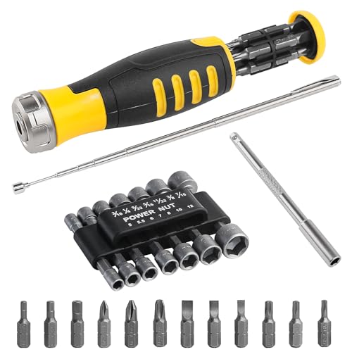 HAUTMEC 28 Pcs Magnetic Ratcheting Screwdriver Set, Multi-bit Screw Driver Set Including CRV Screwdriver Bits, Nut Driver Set and Telescoping Magnetic Pickup Tool for DIY, Electronics, Auto Repair - color: 28-in-1 Ratcheting