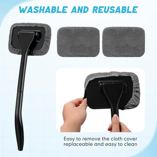 FoldTier 8 Pcs Car Windshield Cleaner Tool Kit with Removable Handle, Microfiber Towel Pads, Brush, Empty Spray Bottle for Auto Glass Wiper Suvs Rvs & Home Windows(Grey) - color: Grey