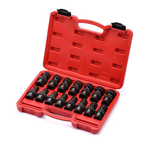 MIXPOWER 15-piece 1/2" Drive Shallow Universal Impact Socket Set, 6 Points, Metric, 10-24mm, Swivel Socket with Flexible Wobble, CR-MO, Heavy Duty Storage Case… B08JTJVV8M - size: 15 Pcs Metric 1/2'' Dr. (Shallow)