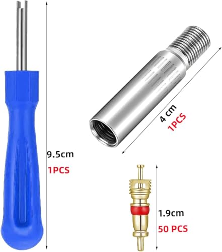 Valve Stem Removal Tool Kit with 50 Valve Cores, 1 Valve Stem Extension, Universal Fit Tire Valve Core Tool