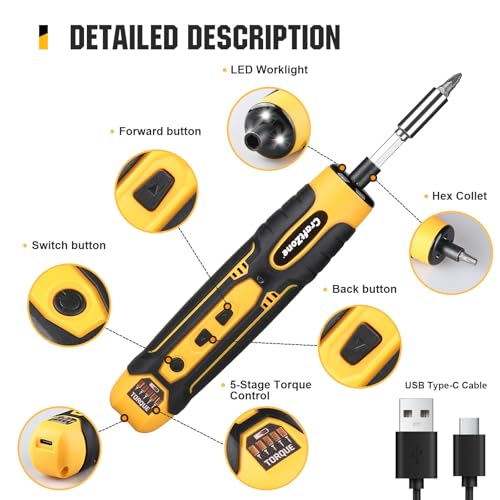 Electric Screwdriver Set with LED Light, USB Rechargeable Cordless Screwdriver, Level 5 Torque Screwdriver with 28 pcs Screwdriver Bit Set & Carrying Case for Home, Electronic, Automotive
