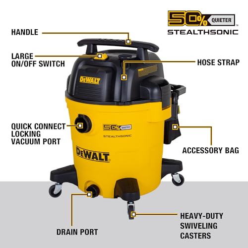 DEWALT 12 Gallon STEALTHSONIC Ultra Quiet Poly Wet Dry Vacuum, DXV12P-QTA Powerful Suction Noise Reduction Vac, 5.5 Peak HP Shop Vacuum for Jobsite/Workshop, Reduce Motor Noise, Yellow - size: 12Gallon-QTA