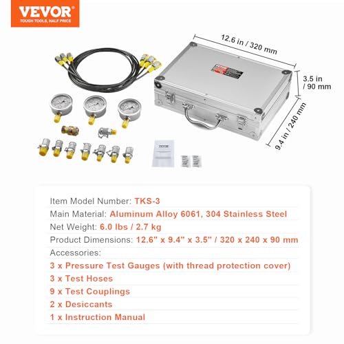 Hydraulic Pressure Test Kit, 250/400/600bar, 3 Gauges 9 Test Couplings 3 Test Hoses, Excavator Hydraulic Test Gauge Set with Portable Carrying Case for Excavator Tractors Construction Machinery | Excavator Hydraulic Test Gauge Set with Portable Carrying C