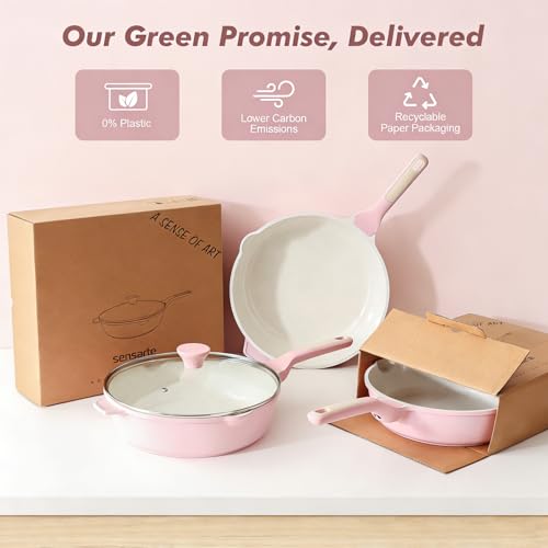 SENSARTE Nonstick Ceramic Skillet with Lid 10-inch, 3.5QT Non Toxic Deep Frying Pan, Saute Pan with Lid, Stay-cool Handle, Healthy Cooking Pot, Induction Compatible, Pink - color: Sakura Pink, size: 10-inch/3.5QT
