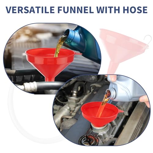 2-Pack Plastic Wide Mouth Funnels with 6.56 ft Clear Hoses & Hooks | Transmission Funnel Kit with cuttable 6.56 ft clear hoses, connectors and S-hooks, for oil, fuel, water and fluids
