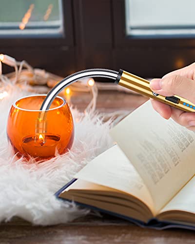 VEHHE Long Lighter, Rechargeable USB Arc Lighter with LED Battery Display Flexible Neck Lighters for Candles Grill Gas Stoves Camping Barbecue - color: Gold