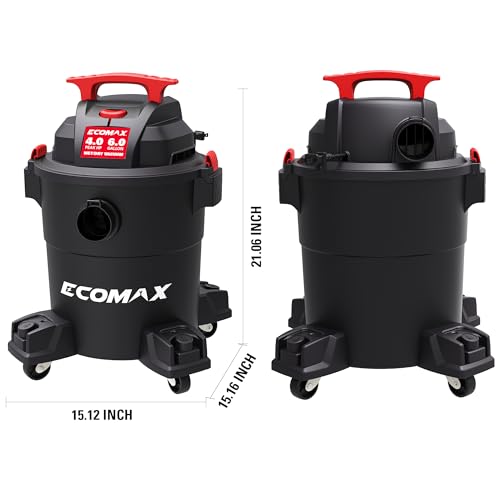 ECOMAX Wet Dry Vacuum 6 Gallon, 4 HP 85 CFM 3-in-1 Shop Vac with Suction/Blow/Wet Dry Function, Heavy-Duty Portable Poly Wet/Dry Vac Car Vacuum for Workshop, Jobsite, Garage and Home Cleaning