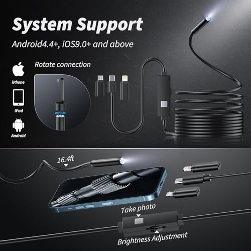 Endoscope Camera with Light, 1920P HD Bore Scope Borescope with 8 Lights, Waterproof 16.4FT Semi-Rigid Cord for Pipe Inspection, Industrial Endoscope for Phones(Black) - style: Single Lens