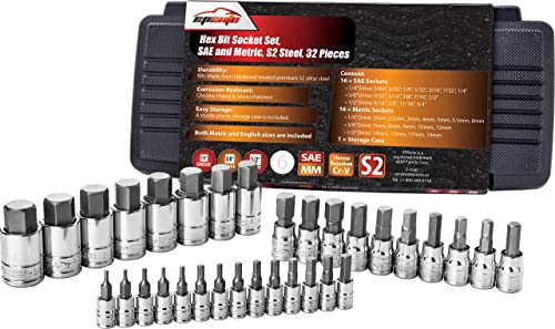 EPAuto 32 PCs Hex Bit Socket Set, SAE and Metric, S2 & Cr-V Steel - size: Hex Bit- 32 Pieces