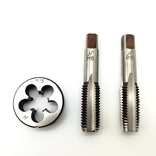 AtticZone M16 x 2.0 Metric Hand Thread Tap and Die Set, Right Hand 16 * 2.0, Alloy Tool Steel, 1 Taper Tap, 1 Plug Tap, 1 Round Die for Metal Working DIY Industrial - size: M16x2.0