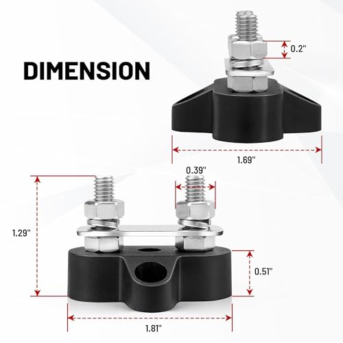 RED WOLF 12V 100A Power Distribution Block 1/4" Dual Stud Busbar M6 Terminal Bus Bar 12 Volt DC Battery Junction Post for Auto Boat Marine Solar System Positive and Negative (2PC) - size: Dual M6 Stud