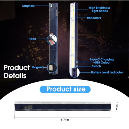 Magnetic Light BAR,15.75-inches 7500mAh 8000 Lumens Rechargeable Portable Lamp Built-in 216-LED Bulbs,with Handy Hook with 2 Magnets Endurance - size: 15.75"