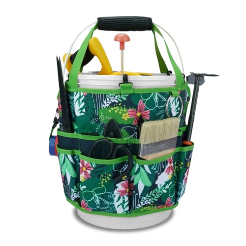KUNN Bucket Tool Organizer 5 Gallon 18-Pocket Gardening Tool Bag with Hangable Handle | Garden Caddy & Bucket Accessory, Green - style: Green Leaf